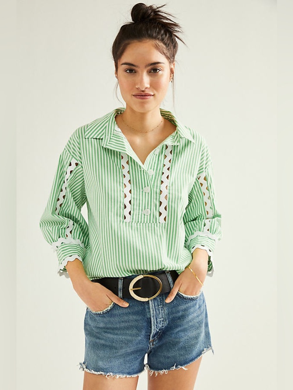 MAEVE by ANTHROPOLOGIE Striped Green Lace-Inset Women's Button Pullover Top